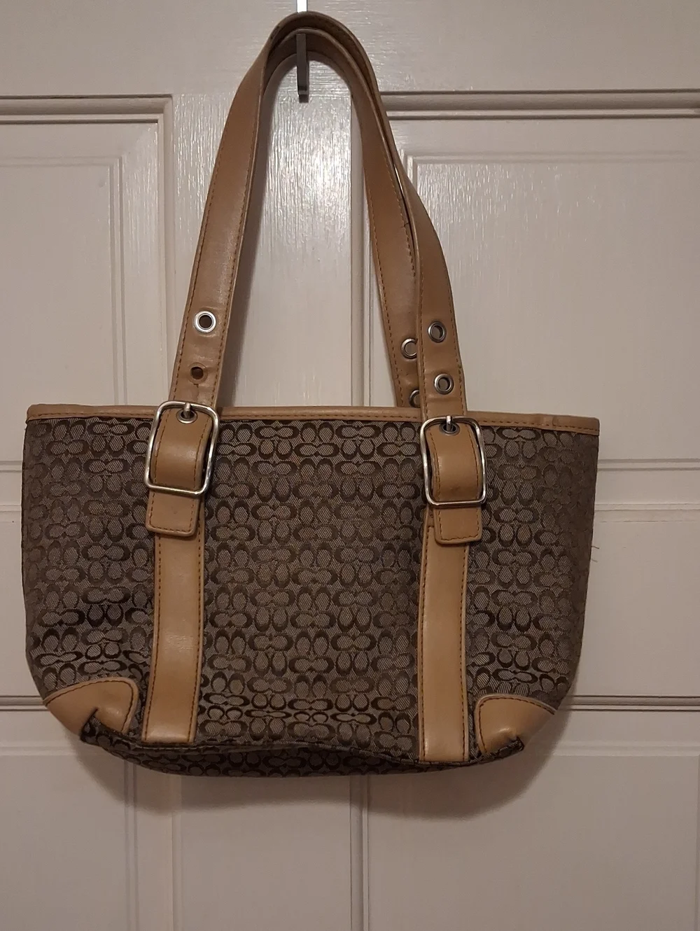 Coach Y2k Classic Brown Logo-Pattern Tote Bag with Tan Trim